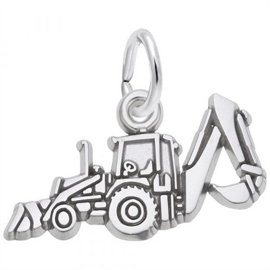 The image shows the Sterling Silver Backhoe Charm from Rembrandt Charms. The charm is crafted in sterling silver and features a detailed design of a backhoe. It measures 0.74 inches by 0.39 inches (18.88 mm x 9.8 mm) and has the style number 6586. This charm is a perfect keepsake for construction enthusiasts and those who appreciate heavy machinery.