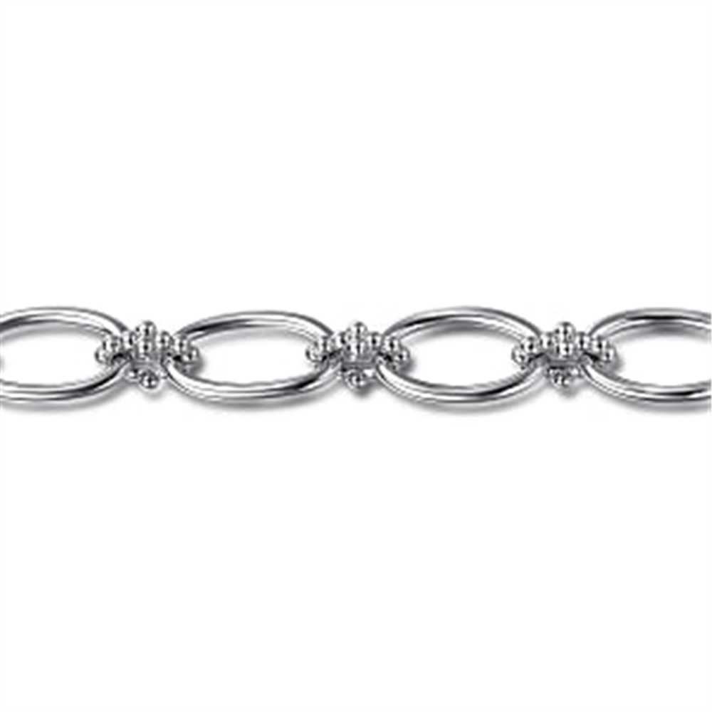 A close-up view of the Sterling Silver Bujukan Link Bracelet by Gabriel & Co. showcases its oval links connected by decorative knotted details from the Bujukan Collection, set against a plain white background.