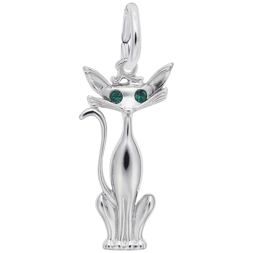 The Siamese Cat Charm in Sterling Silver by Rembrandt Charms features large green gemstone eyes, an elongated and slender body, a curled tail, and exaggerated pointed ears. This elegant pendant includes a small loop at the top for easy attachment to a chain.