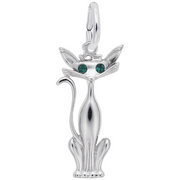 The Siamese Cat Charm in Sterling Silver by Rembrandt Charms features large green gemstone eyes, an elongated and slender body, a curled tail, and exaggerated pointed ears. This elegant pendant includes a small loop at the top for easy attachment to a chain.