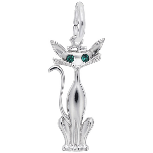 The Siamese Cat Charm in Sterling Silver by Rembrandt Charms features large green gemstone eyes, an elongated and slender body, a curled tail, and exaggerated pointed ears. This elegant pendant includes a small loop at the top for easy attachment to a chain.