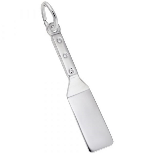 The Rembrandt Charms' sterling silver Spatula pendant has a smooth, shiny finish. The handle features three small round indentations in a vertical row and includes a circular loop for easy attachment to any keyring or chain as a charm.