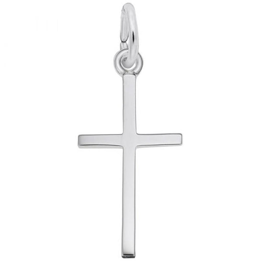 The Medium Thin Cross Charm in Sterling Silver by Rembrandt Charms boasts a sleek, uncomplicated design with a small loop for easy chain attachment. This elegant piece is displayed against a plain white background.