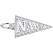 The Navy Pennant Flag Charm by Rembrandt Charms is crafted from sterling silver in the form of a triangular pendant with "NAVY" boldly embossed on it. A textured background adds depth, and it features a round metal loop at its left corner, making it perfect for wearing on a chain or bracelet.