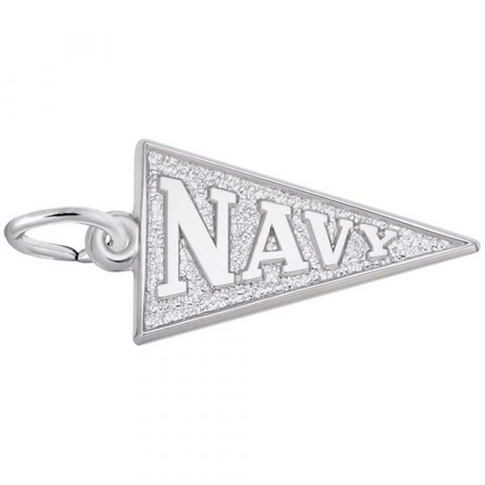 The Navy Pennant Flag Charm by Rembrandt Charms is crafted from sterling silver in the form of a triangular pendant with "NAVY" boldly embossed on it. A textured background adds depth, and it features a round metal loop at its left corner, making it perfect for wearing on a chain or bracelet.