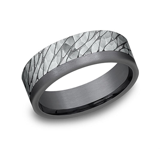 Leaf and Small Smooth Textured Band | Black Titanium and 14K White Gold