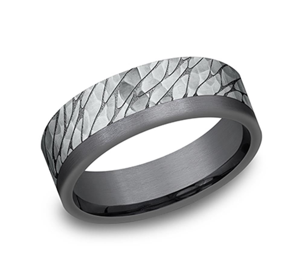 A stylish ring from Benchmark Rings / Amarra Stone, featuring black titanium and 14K white gold. The Leaf and Small Smooth Textured Band presents a textured surface with abstract wave patterns and a matte finish in dark gunmetal color. The interior is smooth, perfectly complementing its detailed exterior design.