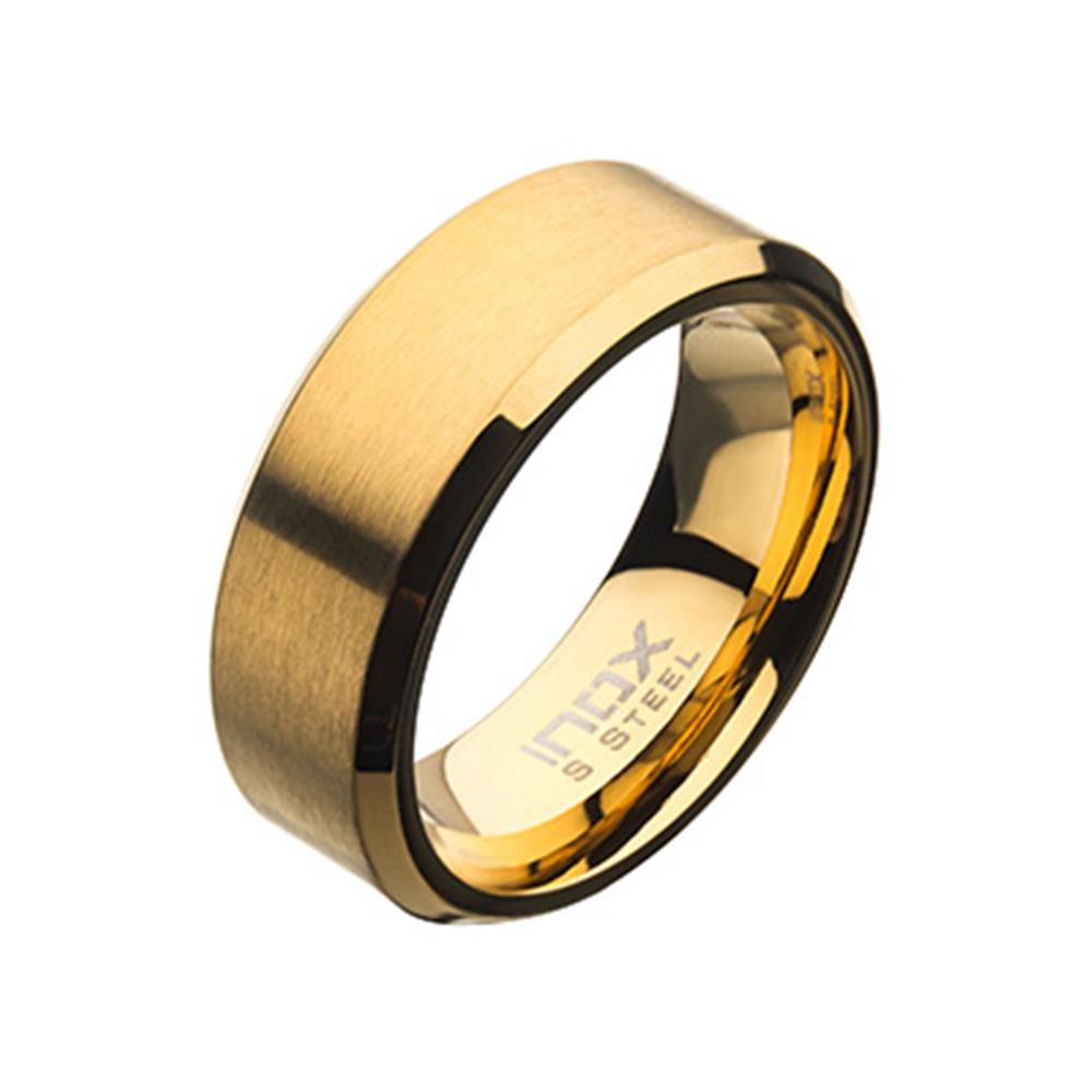 The INOX Men's Stainless Steel 8mm Gold Plated Beveled Band Ring, available in size 10, features a gold-toned brushed finish with a smooth inner surface. The inner band is etched with the text "inox 8 steel." This ring showcases a sleek and minimalist design with a flat, polished outer edge.