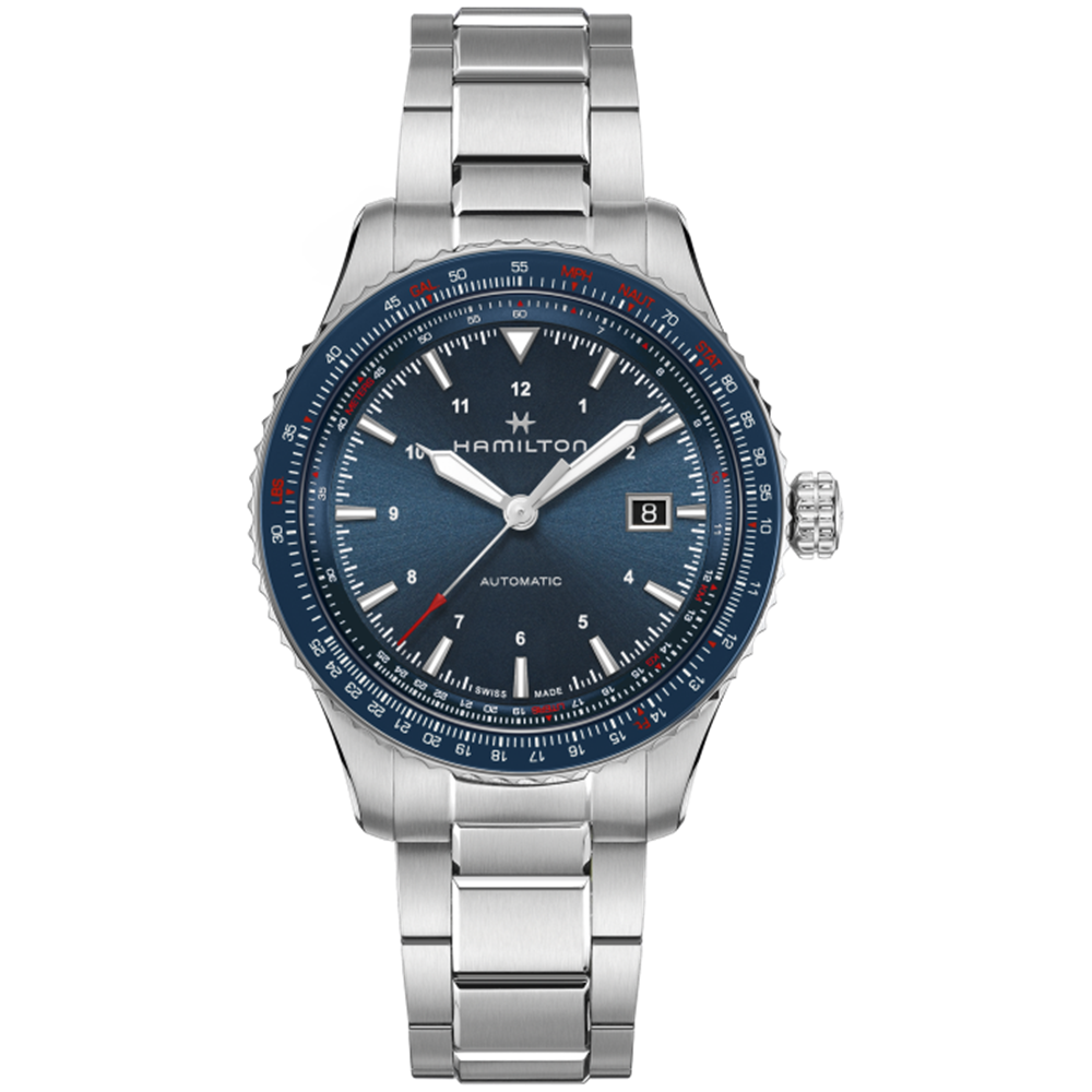 The Hamilton Khaki Aviation Automatic Watch showcases a sophisticated combination of a stainless steel band and a striking blue dial. It is equipped with a blue slide-rule bezel, a conveniently placed date display at the 3 o'clock position, silver hour markers, and an eye-catching red second hand. Additionally, the watch features both 12-hour and 24-hour markings along with an outstanding 80-hour power reserve.