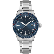 The Hamilton Khaki Aviation Automatic Watch showcases a sophisticated combination of a stainless steel band and a striking blue dial. It is equipped with a blue slide-rule bezel, a conveniently placed date display at the 3 o'clock position, silver hour markers, and an eye-catching red second hand. Additionally, the watch features both 12-hour and 24-hour markings along with an outstanding 80-hour power reserve.