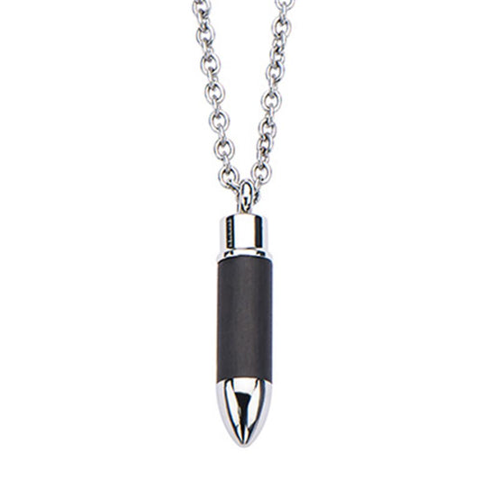 Men's Stainless Steel and Carbon Fiber Bullet with Screw Top Lid Pendant Necklace | INOX