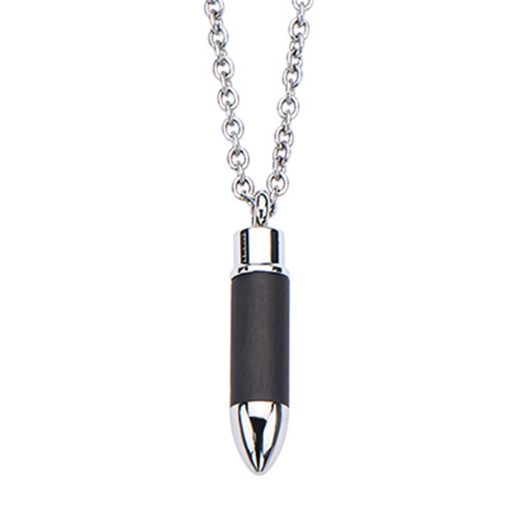 An INOX men's stainless steel and carbon fiber bullet with screw top lid pendant necklace features a sleek 22-inch silver chain and a striking pendant combining a metallic tip with a dark, cylindrical midsection. Its modern design offers a sophisticated yet rugged appeal.