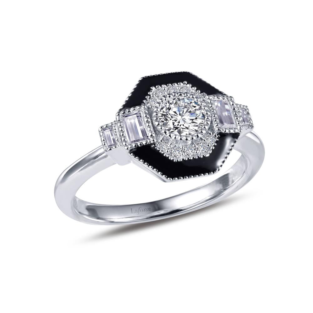 Presenting the **Vintage Inspired Engagement Ring by Lafonn**: This sterling silver masterpiece showcases a large round diamond at its center, elegantly encased within an octagonal frame. Meticulous black enamel detailing and smaller diamonds embellish either side of the main gem. The smooth, polished band completes this timeless classic.