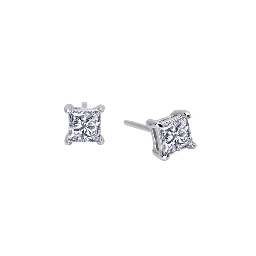 The 1 CTW Solitaire Stud Earrings by Lafonn feature square-cut, clear gemstones set in elegant four-prong settings. One earring is displayed front-facing, while the other is subtly tilted to the side. With their minimalist and elegant design, these silver stud earrings are perfect for any occasion.