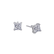 The 1 CTW Solitaire Stud Earrings by Lafonn feature square-cut, clear gemstones set in elegant four-prong settings. One earring is displayed front-facing, while the other is subtly tilted to the side. With their minimalist and elegant design, these silver stud earrings are perfect for any occasion.