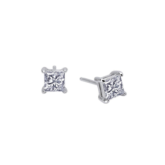 The 1 CTW Solitaire Stud Earrings by Lafonn feature square-cut, clear gemstones set in elegant four-prong settings. One earring is displayed front-facing, while the other is subtly tilted to the side. With their minimalist and elegant design, these silver stud earrings are perfect for any occasion.