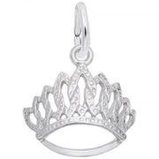 The Tiara Charm from Rembrandt Charms, made of sterling silver, hangs from a loop with intricate detailing. The design features multiple pointed arches and a textured pattern, reminiscent of an elegant and regal tiara.