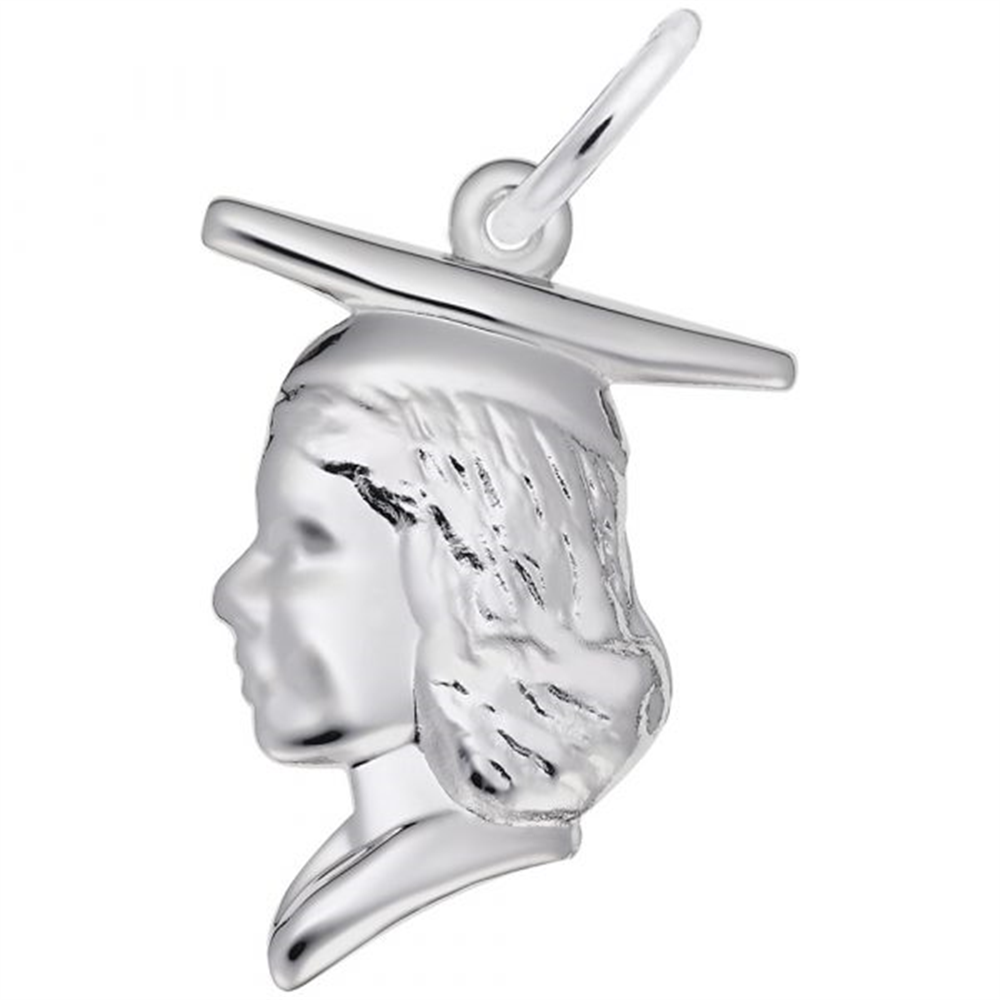 Celebrate graduation with the Female Graduate Head Charm in sterling silver by Rembrandt Charms. Featuring a woman’s profile wearing a graduation cap and designed with a top loop for easy attachment to a necklace or bracelet, this meaningful keepsake makes the perfect graduation gift and is especially ideal as a female graduate charm.