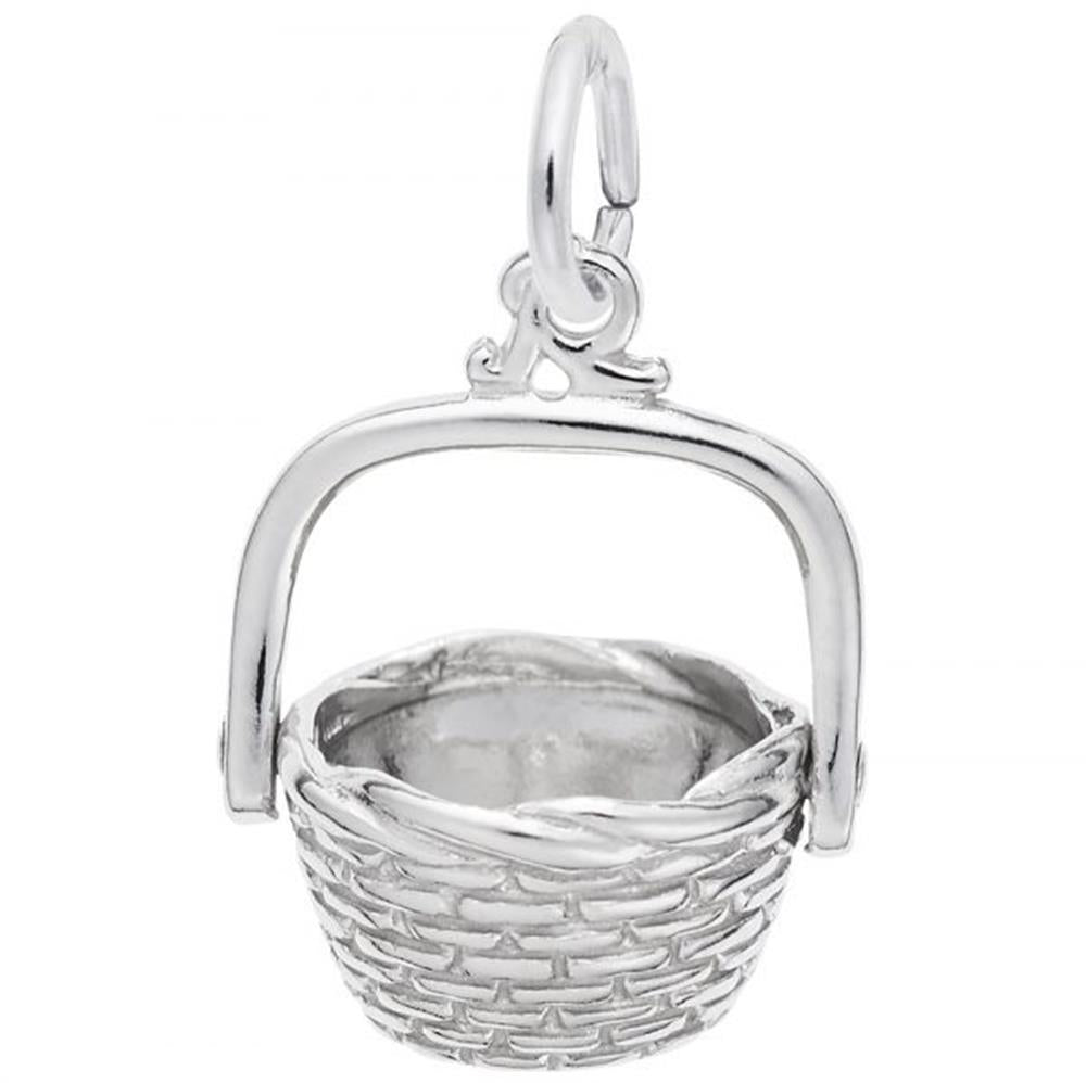The Rembrandt Charms Nantucket Basket Charm, made from sterling silver, is shaped like a woven basket with a hinged handle. It showcases intricate detailing to accurately mimic the texture of an actual basket and includes an attached loop at the top for easy attachment to a bracelet or necklace.