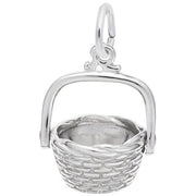 The Rembrandt Charms Nantucket Basket Charm, made from sterling silver, is shaped like a woven basket with a hinged handle. It showcases intricate detailing to accurately mimic the texture of an actual basket and includes an attached loop at the top for easy attachment to a bracelet or necklace.
