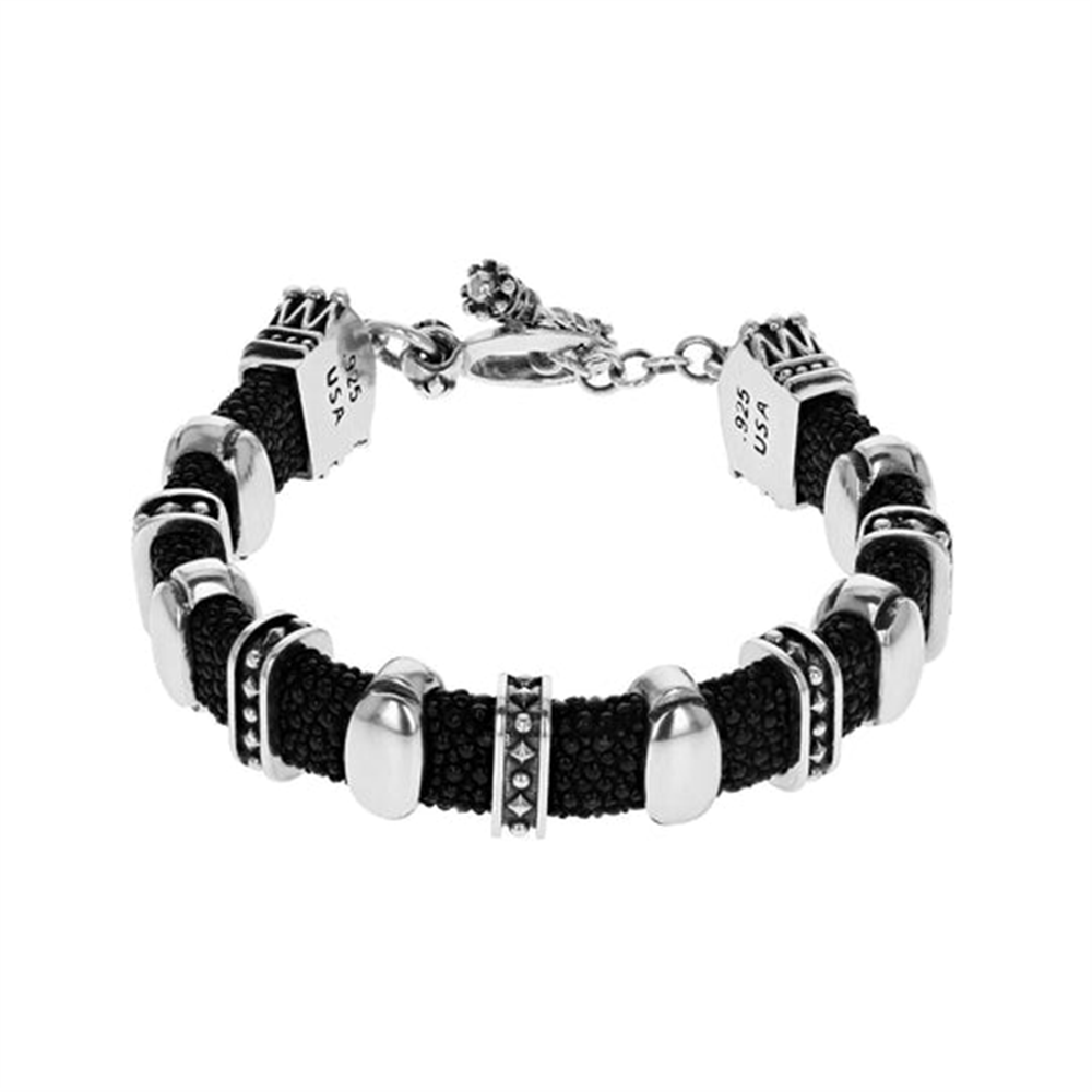 The King Baby Stingray Bracelet with Silver Detail is a stylish black woven bracelet with metal accents—an ideal 20th anniversary gift.