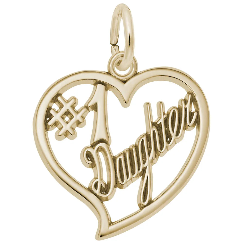 A delightful sterling silver heart charm featuring the words "#1 Daughter" beautifully inscribed in the center, by Rembrandt Charms.