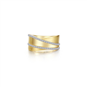 The Lafonn ladies ss plated ring is a wide gold piece with a smooth, shiny surface featuring three diagonal rows of sparkling diamonds. This elegant ring is perfect for your style and available in size 6.