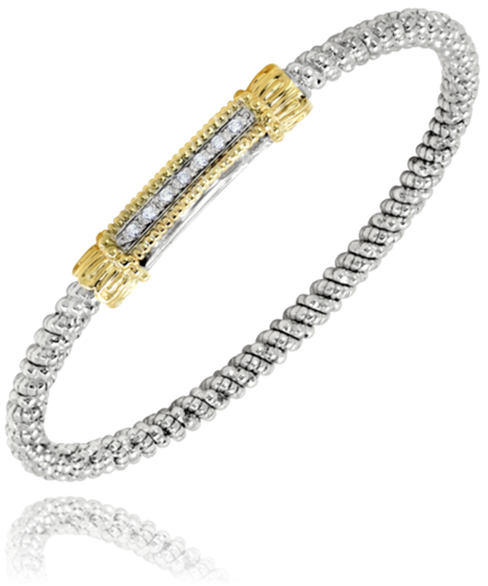An exquisite bracelet from Alwand Vahan Jewelry, featuring a sterling silver band with a diameter of 3mm, highlighted by a cylindrical centerpiece adorned with 0.07 carats of small diamonds and flanked by elegant 14k gold accents on each end. The piece showcases a textured, beaded design and is beautifully displayed against a white background.