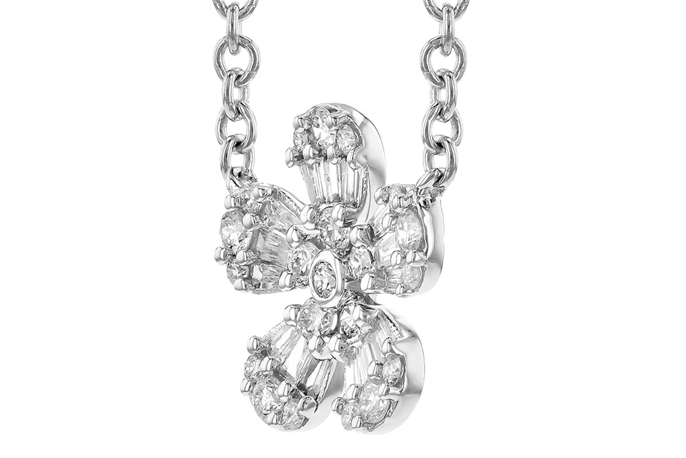 The Flower Diamond 14K White Gold Necklace by Allison Kaufman features a flower-shaped pendant made of 14K white gold, embellished with sparkling gemstones and diamond petals.
