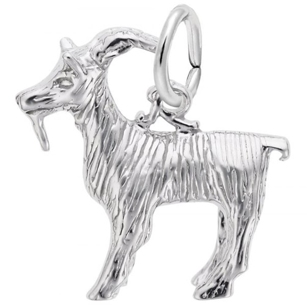 The Billy Goat Charmin Sterling Silver pendant by Rembrandt Charms features a detailed design of a standing billy goat, complete with textured fur and curved horns. It has a loop on its back for easy attachment to jewelry.