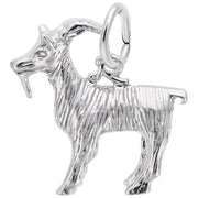 The Billy Goat Charmin Sterling Silver pendant by Rembrandt Charms features a detailed design of a standing billy goat, complete with textured fur and curved horns. It has a loop on its back for easy attachment to jewelry.