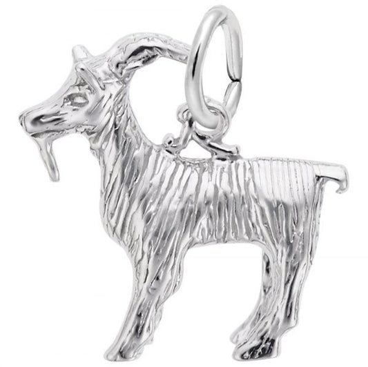 The Billy Goat Charmin Sterling Silver pendant by Rembrandt Charms features a detailed design of a standing billy goat, complete with textured fur and curved horns. It has a loop on its back for easy attachment to jewelry.