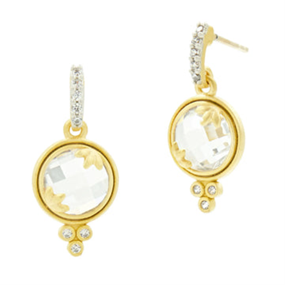 Freida Rothman FBPYZE22 Fleur Bloom Mini Drop Earrings showcase round, faceted clear gemstones in gold settings with diamond-like accents on the hoop and beneath the main gem.