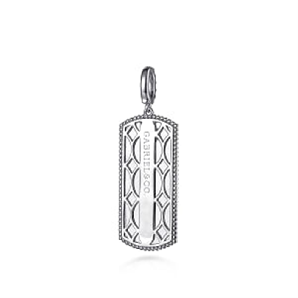 This 925 Sterling Silver White Sapphire Personalized Medallion Pendant by Gabriel & Co boasts intricate geometric designs and features a loop at the top for easy attachment to a chain. The center proudly displays the embossed branding "Gabriel & Co," making it perfect for any occasion.