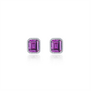 A pair of Lafonn's Simulated Alexandrite June Birthstone Earrings featuring rectangular-cut simulated alexandrite gemstones, each surrounded by small, clear stones set in a silver setting, displayed against a white background.