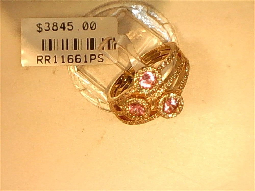 The Ryan Gems Diamond and Pink Sapphire bubble ring in 14k rose gold, size 6.75, showcases three pink gemstones with clear accents, priced at $3845.00 (code RR11661PS).