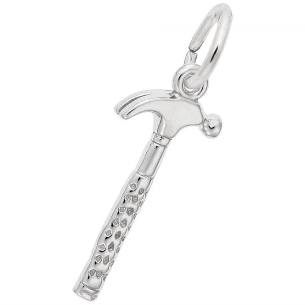 The Rembrandt Charms Hammer Charm, crafted from sterling silver, boasts intricate engravings on both the handle and head. It is attached to a small, circular loop at the top for easy addition to any necklace or bracelet. This sleek and polished piece adds an elegant touch to any jewelry collection.