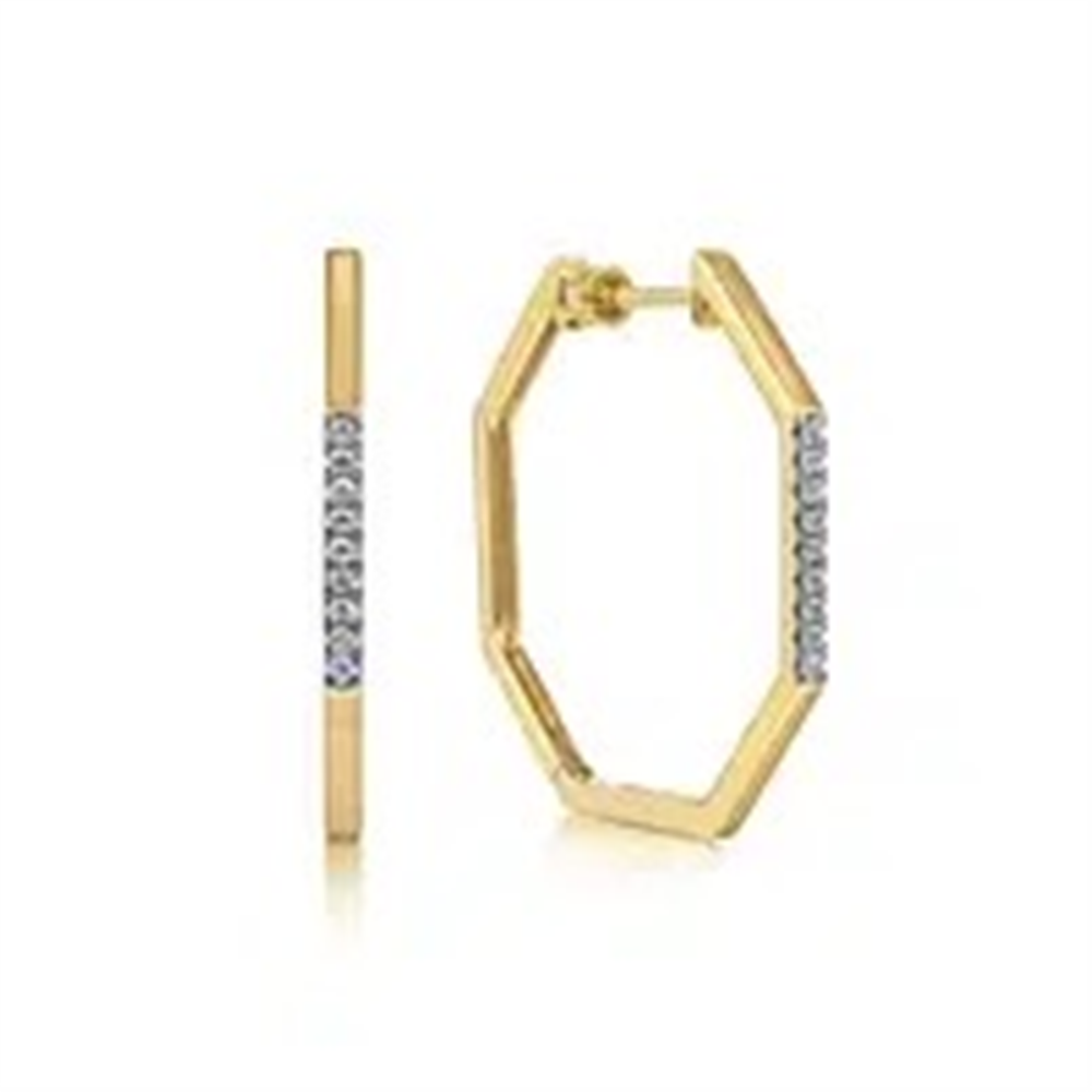 Explore the stunning Gabriel Earrings by Gabriel & Co: gold hexagonal hoops featuring a line of embedded diamonds on one side, delivering an elegant sparkle from every angle.