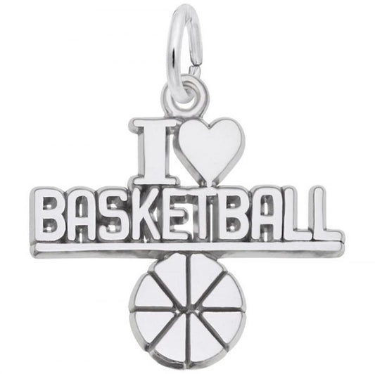 Image of a sterling silver I Love Basketball Charm, Style 6557, 0.86 in x 0.69 in (21.93 mm x 17.65 mm). The charm features the words "I Love Basketball" with a detailed basketball design, attached to a loop for easy addition to any charm bracelet.
