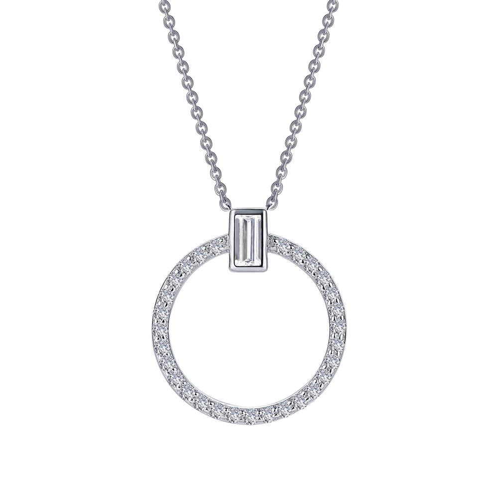 The Lafonn Open Circle Necklace is a stunning sterling silver piece featuring a circular pendant encrusted with small diamonds. This elegant and minimalist design showcases an open circle pendant attached to the chain by a rectangular diamond at the top.
