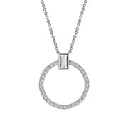The Lafonn Open Circle Necklace is a stunning sterling silver piece featuring a circular pendant encrusted with small diamonds. This elegant and minimalist design showcases an open circle pendant attached to the chain by a rectangular diamond at the top.