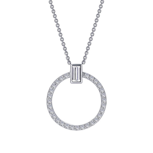 The Lafonn Open Circle Necklace is a stunning sterling silver piece featuring a circular pendant encrusted with small diamonds. This elegant and minimalist design showcases an open circle pendant attached to the chain by a rectangular diamond at the top.