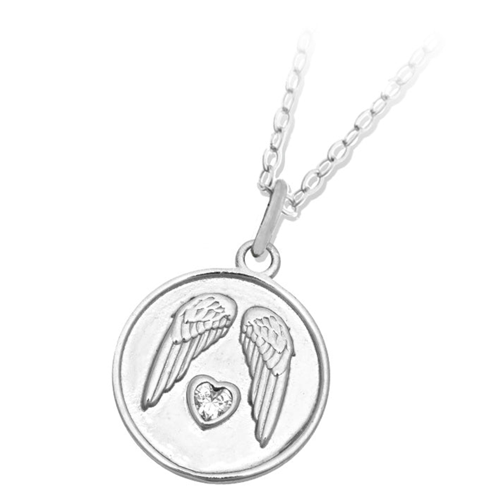 The Guardian Sterling Silver Charm Necklace by T Jazelle features a round pendant with engraved angel wings and a gemstone-accented heart, making it an ideal memorial or guardian angel jewelry piece.