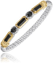 The Alwand Vahan Jewelry 4mm black onyx closed bracelet features sterling silver and 14k gold, with rectangular onyx stones and silver accents for an elegant, alternating pattern.