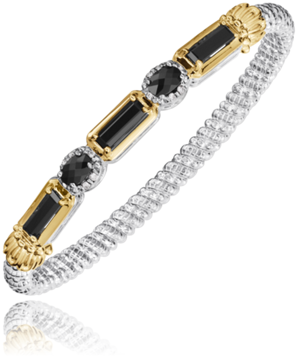 The Alwand Vahan Jewelry 4mm black onyx closed bracelet features sterling silver and 14k gold, with rectangular onyx stones and silver accents for an elegant, alternating pattern.