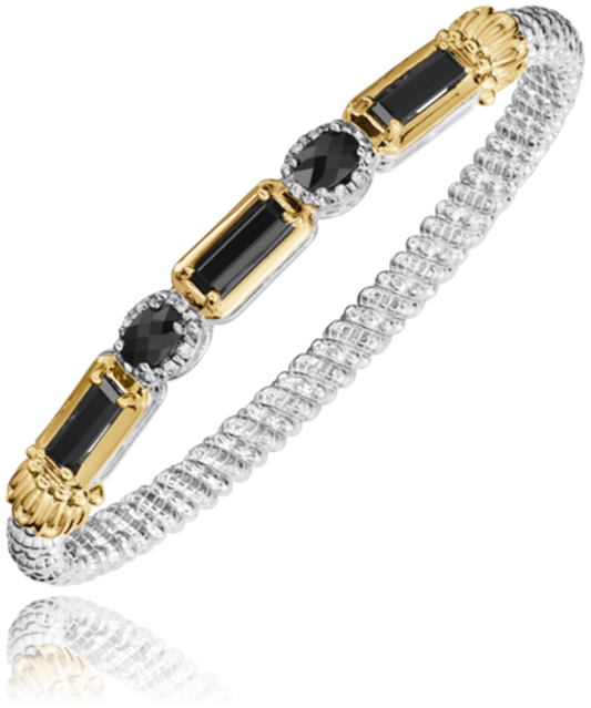 The Alwand Vahan Jewelry 4mm black onyx closed bracelet features sterling silver and 14k gold, with rectangular onyx stones and silver accents for an elegant, alternating pattern.