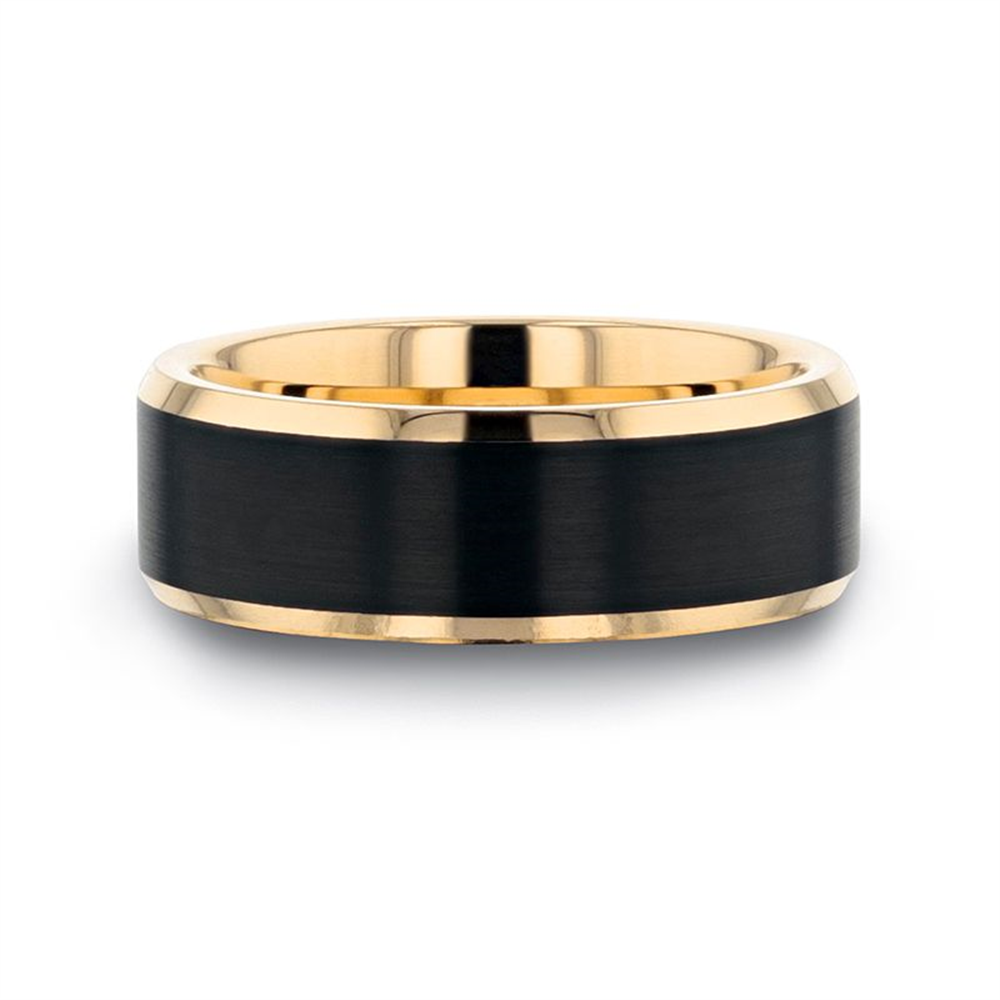 The GASTON Gold Plated Tungsten Polished Beveled Ring with Brushed Black C by Thorsten features a brushed black center with polished gold edges and inner lining, offering a bold, modern look. This sophisticated men's wedding band showcases a beveled design for added elegance.