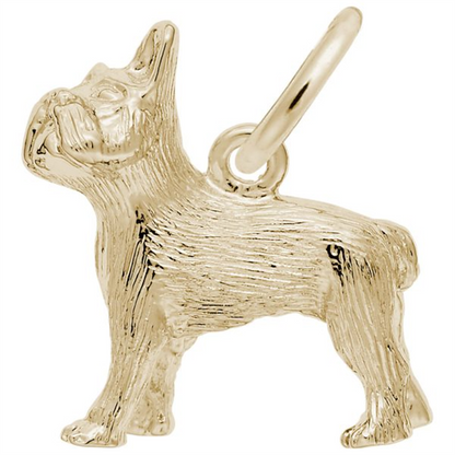 The Rembrandt Charms French Bulldog Dog Charm—Gold Plated features a three-dimensional standing pup design with intricate fur texture for a realistic look. This gold plated charm includes an attached loop, perfect for adding to a bracelet or necklace, making it an ideal keepsake gift for any dog lover.