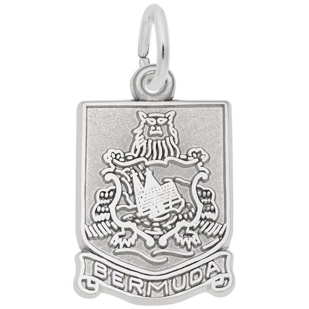 The Bermuda Crest / Sterling Silver Charm by Rembrandt Charms is a rectangular travel keepsake pendant that showcases the coat of arms of Bermuda. The emblem highlights a lion holding a shield with a sinking ship, and "BERMUDA" is inscribed at the bottom. The charm features a small circular loop at the top for attachment.