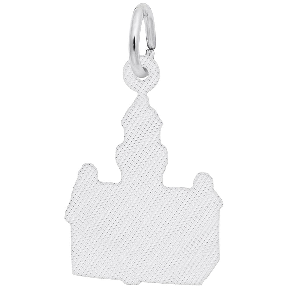 A silver textured pendant in the shape of a castle, featuring a central tall spire and two smaller side towers, hangs from an oval jump ring. This enchanting piece evokes the charm of nautical-themed jewelry and closely resembles the PT Loma, CA Charm in Sterling Silver from Rembrandt Charms.